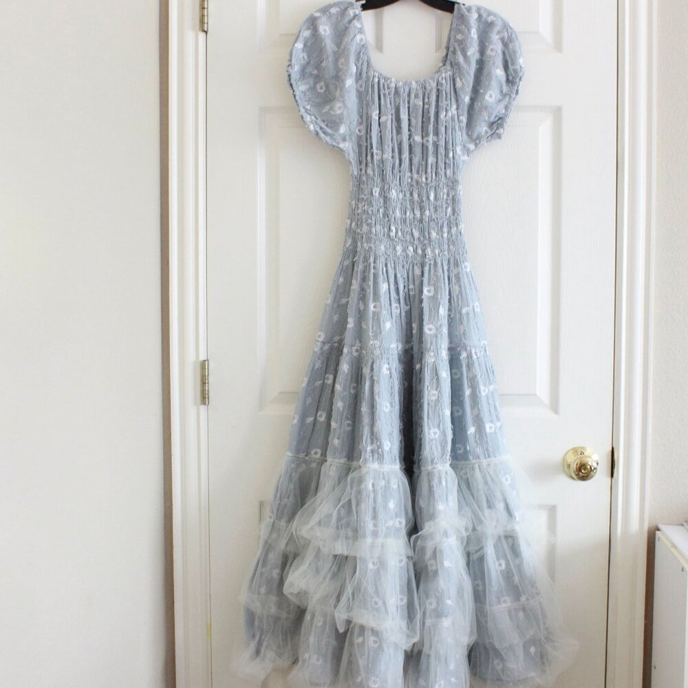 Light Blue Floral Maxi Dress with Puff Sleeves